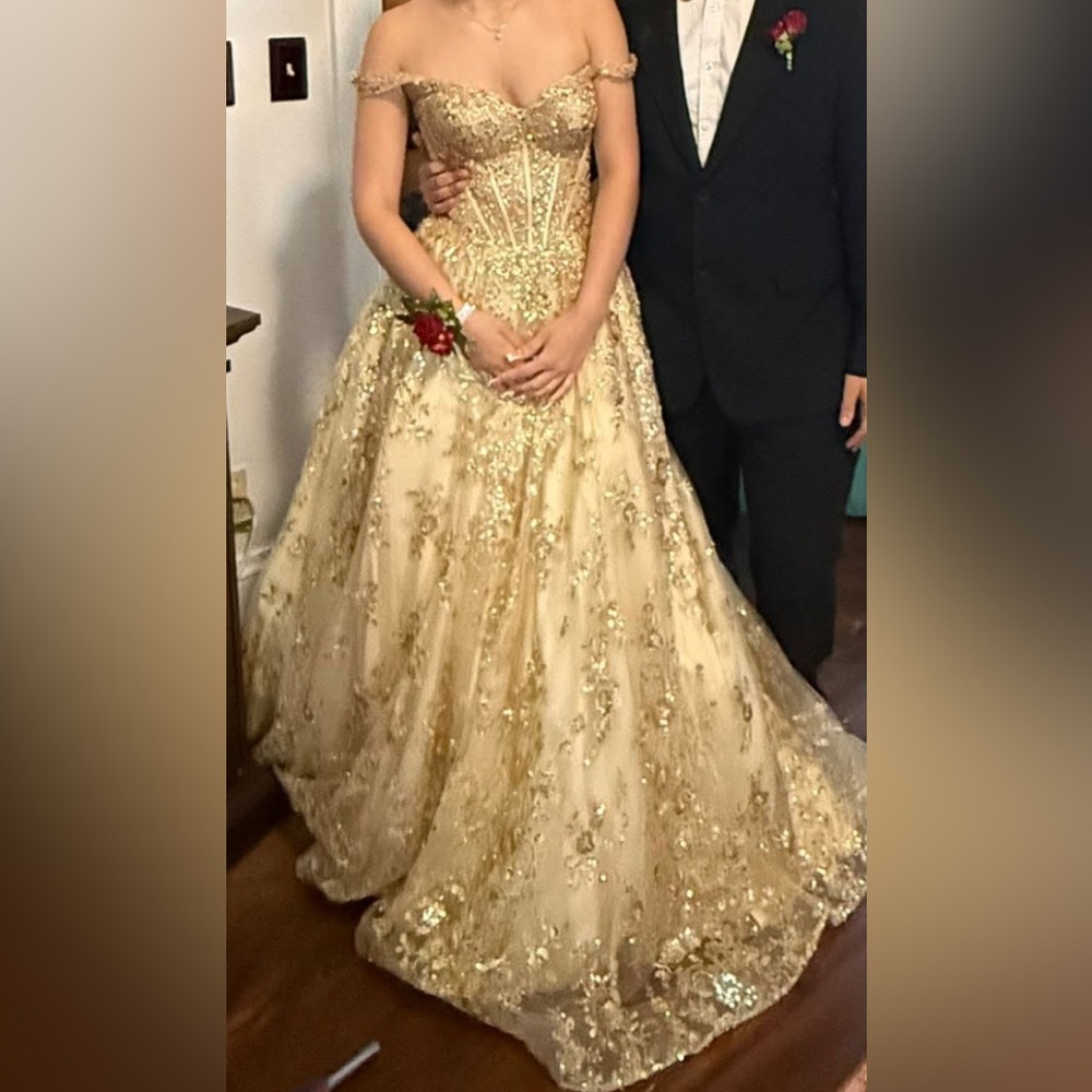 & Other Stories Gold Off-Shoulder Beaded Prom Gown